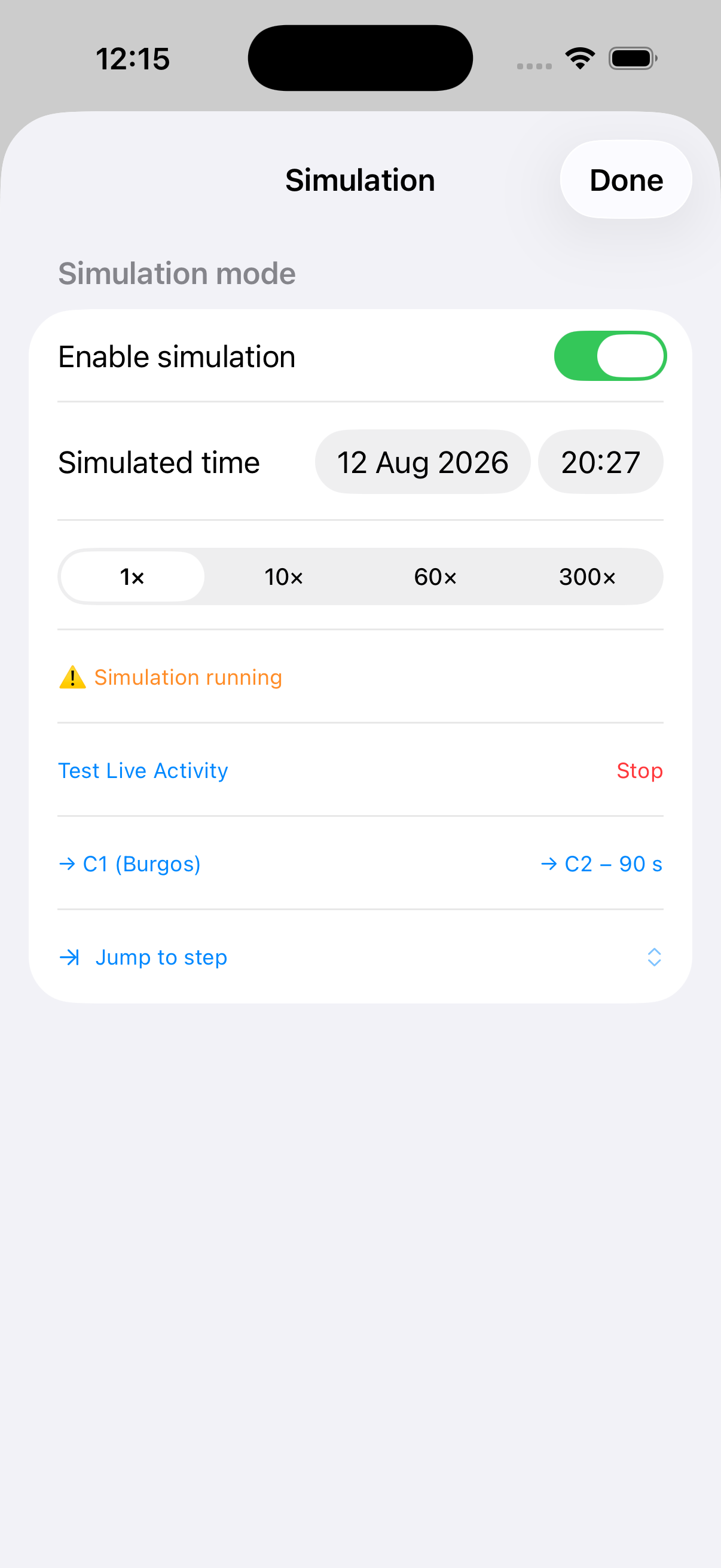 Réglages du mode simulation dans Umbra avec date et heure personnalisées et vitesses de lecture 1x 10x 60x 300x pour répéter l'éclipse