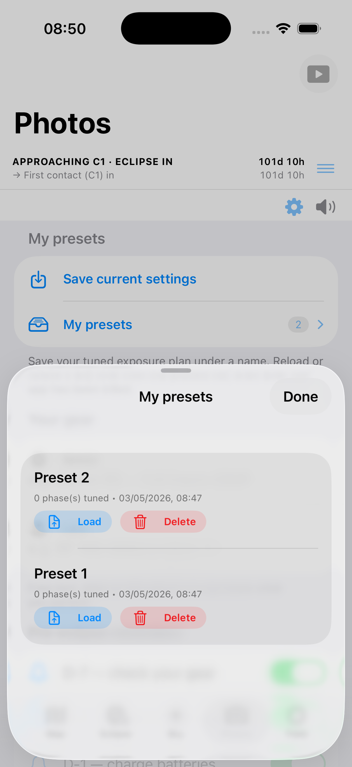 Liste des sauvegardes nommées dans Umbra avec les boutons Charger et Supprimer pour chaque preset de réglages photo
