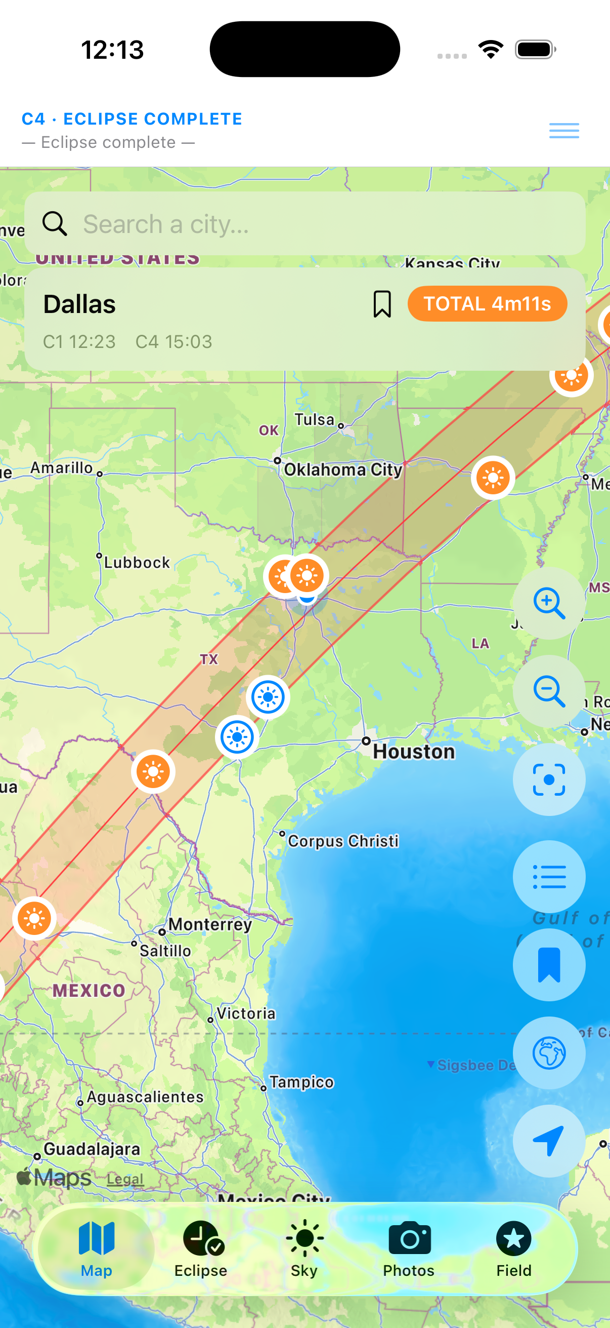 Map · Totality band & site selection